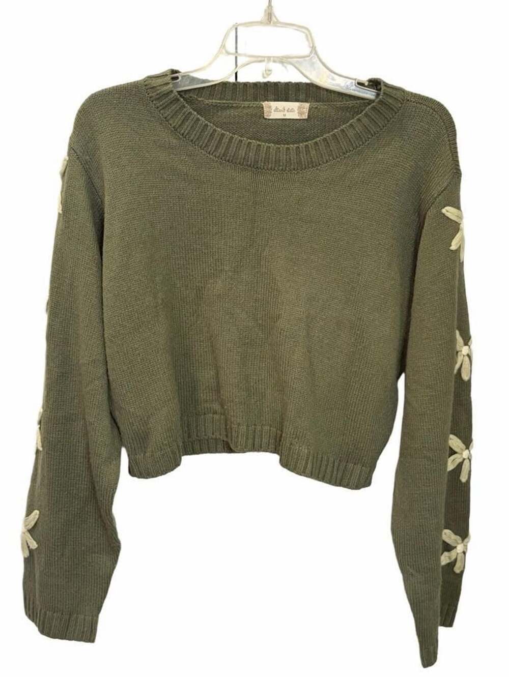 Alter’d State Olive Green Embroidered Floral Sleeve Sweater Size M Cottagecore